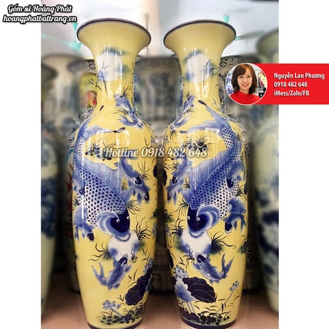 Lục bình gốm Bát Tràng Cửu ngư quần hội 1m4 men vàng