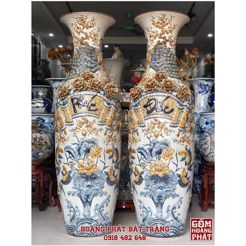 Lục bình sứ Phúc Đức men rạn đắp nổi kỹ Bát Tràng 1m4