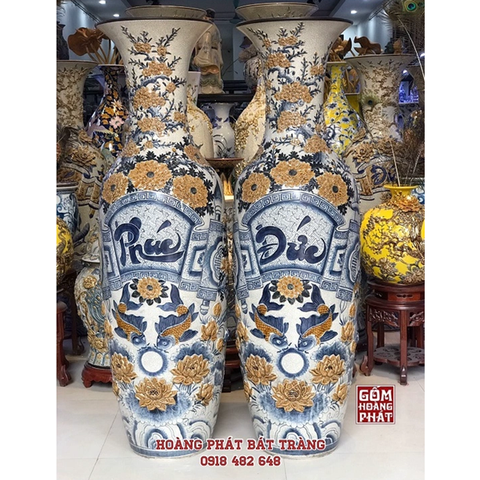 Lục bình sứ Phúc Đức men rạn đắp nổi Bát Tràng