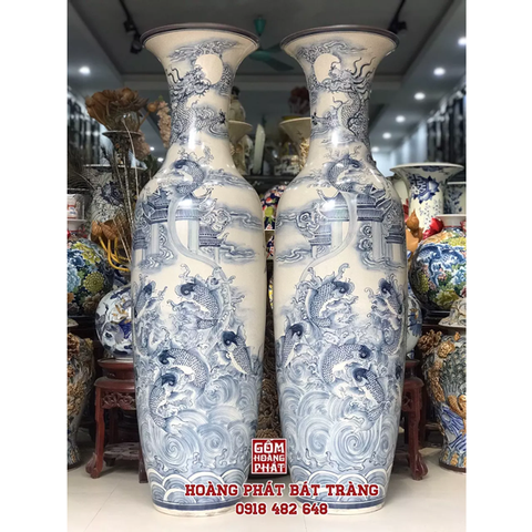 Lục bình sứ cá chép vượt vũ môn men rạn vẽ kỹ cao cấp