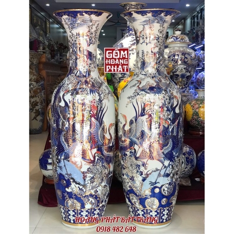 Lục bình sứ Bách Hạc Đồ vàng kim 24k cao cấp Bát Tràng