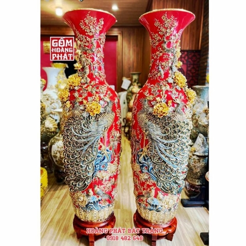 Lục bình công đào mạ vàng cao cấp Bát Tràng nền đỏ vàng kim cao cấp