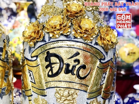 Lục bình sứ Phúc Đức men rạn đắp nổi dát vàng cao cấp Bát Tràng 1m4