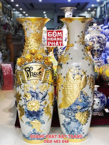 Lục bình sứ Phúc Đức men rạn đắp nổi dát vàng cao cấp Bát Tràng 1m4