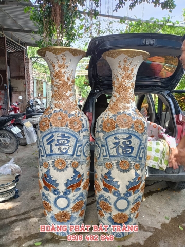 Lục bình sứ men rạn đắp nổi Phúc Đức chữ Hán cao cấp Bát Tràng