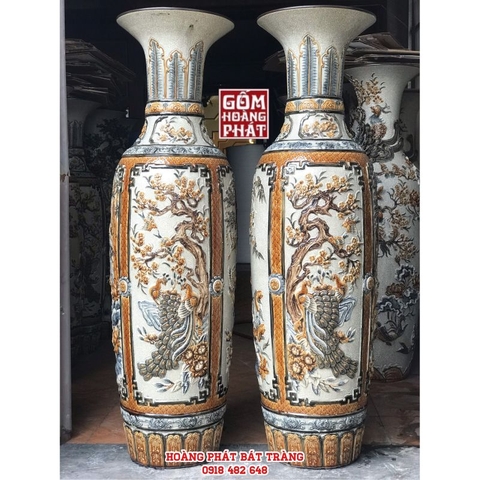 Lục bình sứ tứ quý men rạn đắp nổi vẽ kỹ cao cấp 1m6