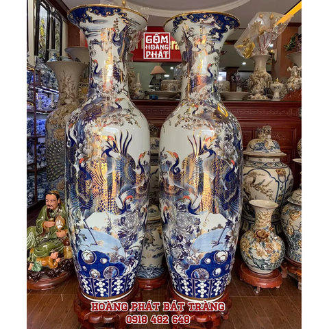 Lục bình Bách Hạc Đồ đầu đỏ vàng kim cao cấp Bát Tràng