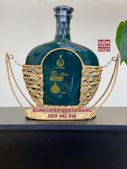 Nậm rượu gốm sứ Bát Tràng in ấn logo tỏi đen xanh lục