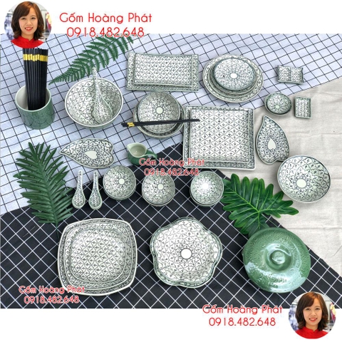 Bộ đồ ăn vẽ hoa bèo xanh đồng gốm sứ Bát Tràng