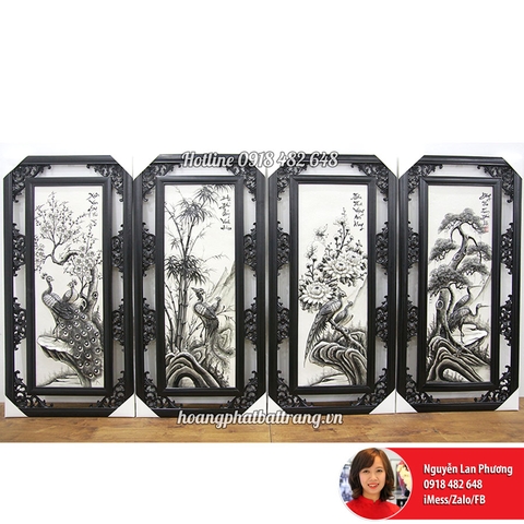 Tranh sứ Bát Tràng vẽ tứ cảnh đen trắng 40x75cm SP543