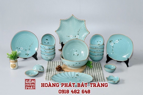 Bát đĩa cao cấp men xanh hoa đào trắng Bát Tràng