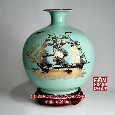 Bình hút tài lộc Thuận buồm xuôi gió màu xanh ngọc vàng kim H36cm