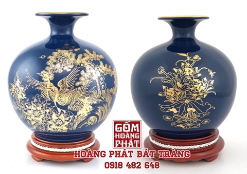 Bình hút tài lộc Bách hạc tùng quần cao cấp xanh than Bát Tràng