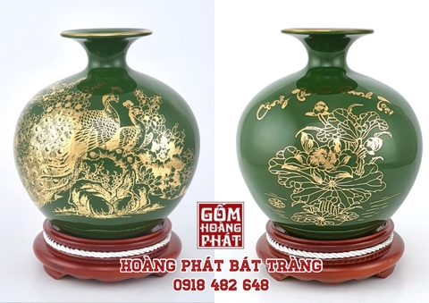 Bình hút tài lộc công đào màu xanh lá vàng kim
