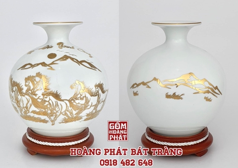 Bình hút tài lộc Bát mã thành công vàng kim màu trắng Bát Tràng H35cm