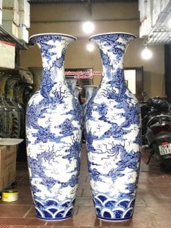 Lục bình sứ Song Long Chầu Nguyệt men lam khử cao cấp 1m4