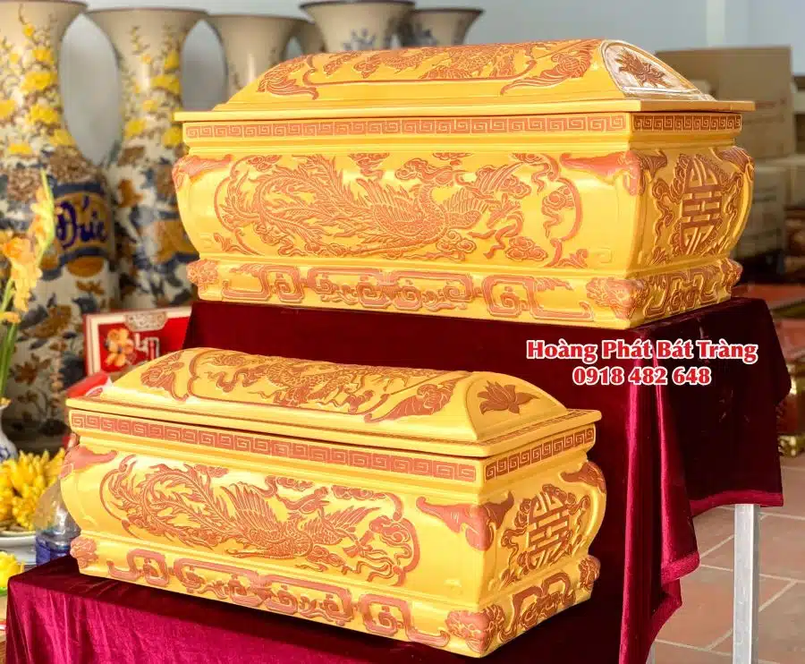 Quách tiểu sành Song Linh màu vàng lưu ly mái Vòm QTSA135