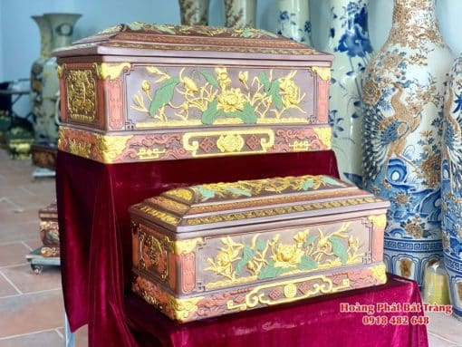 Quách tiểu sành hoa sen lá xanh dát vàng chân vuông 1