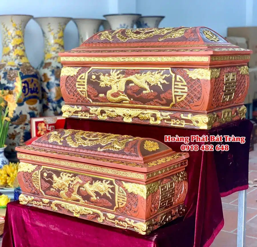 Quách tiểu sành rồng nâu đỏ phình dát vàng mái Vòm QTSA130