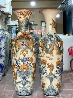 Lục bình sứ Phúc Đức men rạn đắp nổi kênh bong cao cấp