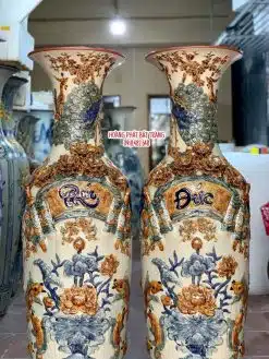 Lục bình sứ Phúc Đức men rạn đắp nổi kênh bong cao cấp