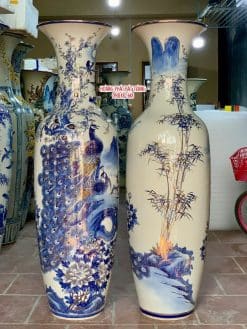 Lục bình sứ công danh phú quý men lam vẽ vàng 24k 1m4 cao cấp