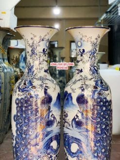 Lục bình sứ công danh phú quý men lam vẽ vàng 24k 1m4 cao cấp