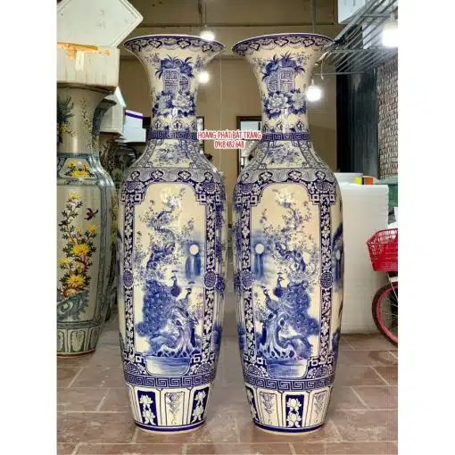 Lục bình sứ tứ quý men lam vẽ kỹ cao cấp 1m4