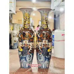 Lục bình sứ Phúc Đức men rạn đắp nổi hoa mai vàng