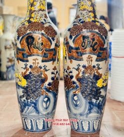 Lục bình sứ Phúc Đức men rạn đắp nổi hoa mai vàng