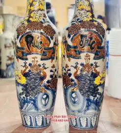 Lục bình sứ Phúc Đức men rạn đắp nổi hoa mai vàng