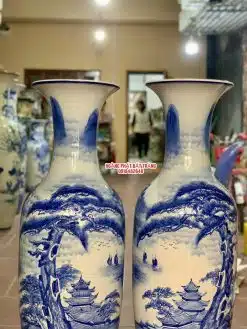 Lục bình sứ Sơn Thủy Hữu Tình men lam vẽ kỹ cao 1m