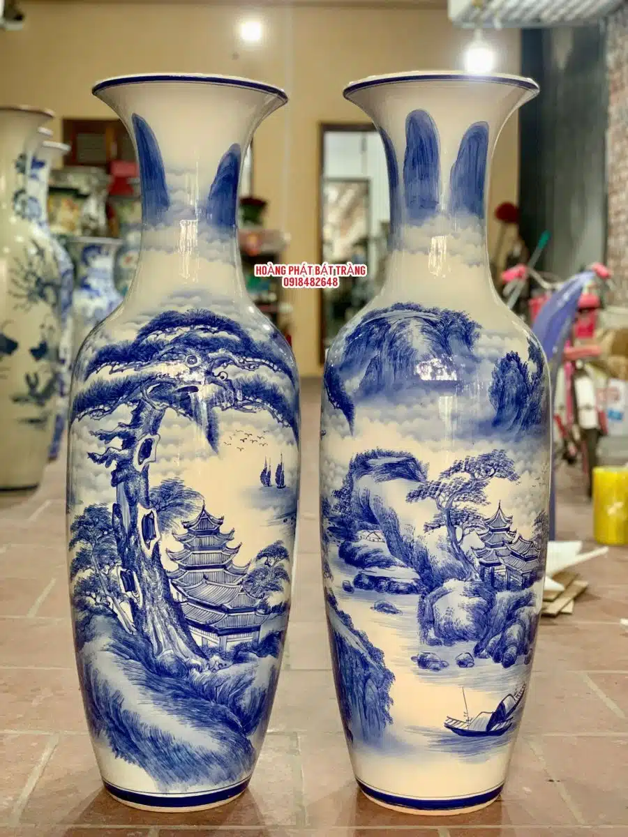 Lục bình sứ Sơn Thủy Hữu Tình men lam vẽ kỹ cao 1m