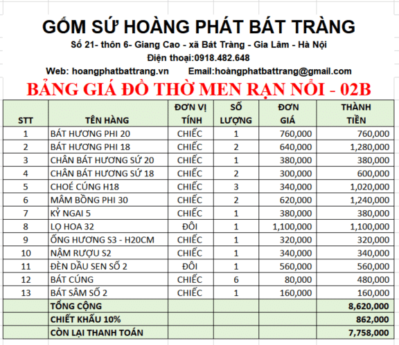 Bộ đồ thờ men rạn đắp nổi 02B