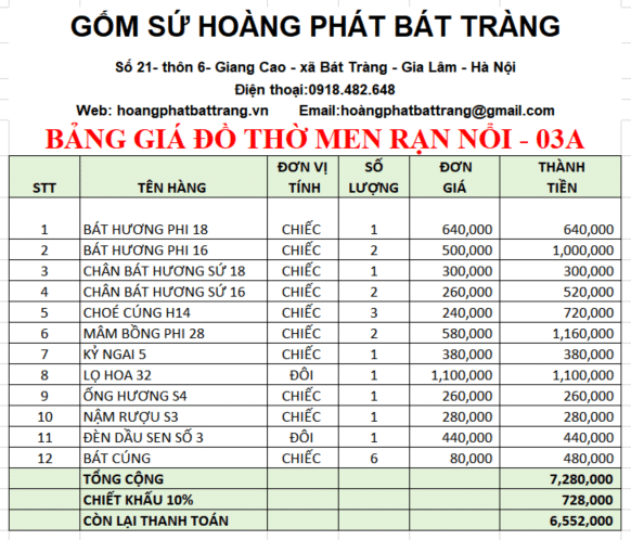 Bộ đồ thờ men rạn đắp nổi 03A