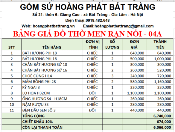 Bộ đồ thờ men rạn đắp nổi 04A