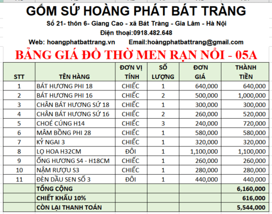 Bộ đồ thờ men rạn đắp nổi 05A