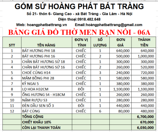 Bộ đồ thờ men rạn đắp nổi 06A