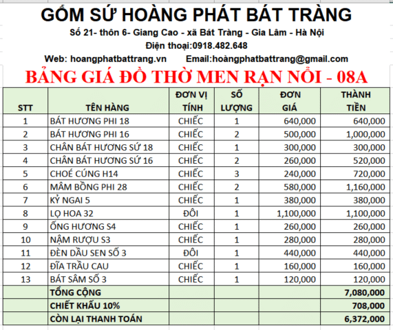 Bộ đồ thờ men rạn đắp nổi 08A