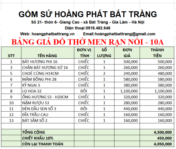 bộ đồ thờ men rạn đắp nổi 10a