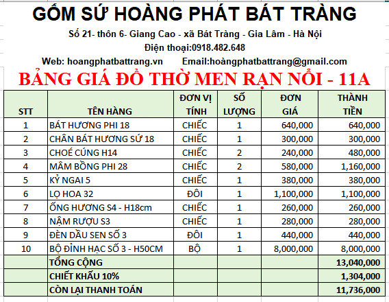 Bộ đồ thờ men rạn đắp nổi 11a