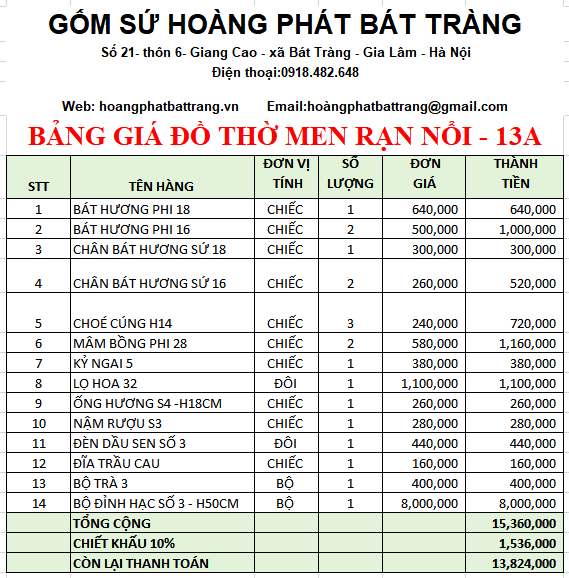 Bộ đồ thờ men rạn đắp nổi 13a 