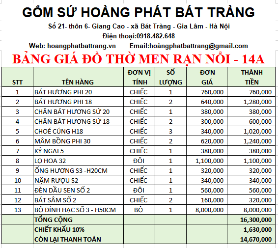 Bộ đồ thờ men rạn đắp nổi 14a