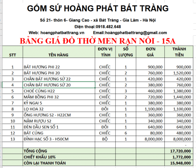 Bộ đồ thờ men rạn đắp nổi 15a