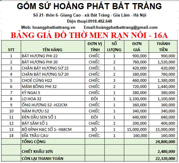 Bộ đồ thờ men rạn đắp nổi 16a