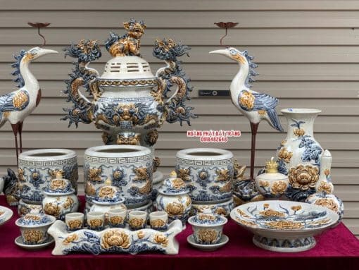 Bộ đồ thờ men rạn đắp nổi số 14 Bát Tràng