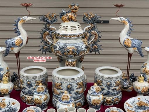 Bộ đồ thờ men rạn đắp nổi số 14 Bát Tràng
