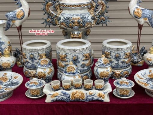 Bộ đồ thờ men rạn đắp nổi số 14 Bát Tràng