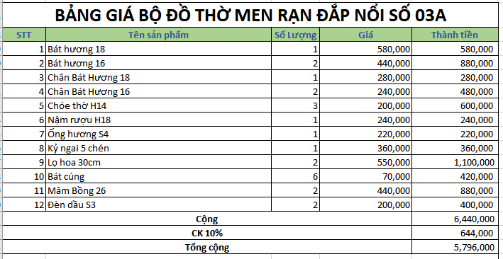 Bộ đồ thờ men rạn đắp nổi số 03A