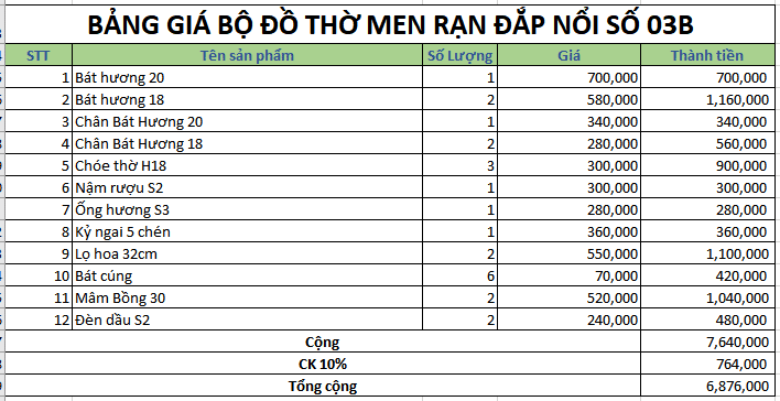 Bộ đồ thờ men rạn đắp nổi số 03B Bát Tràng